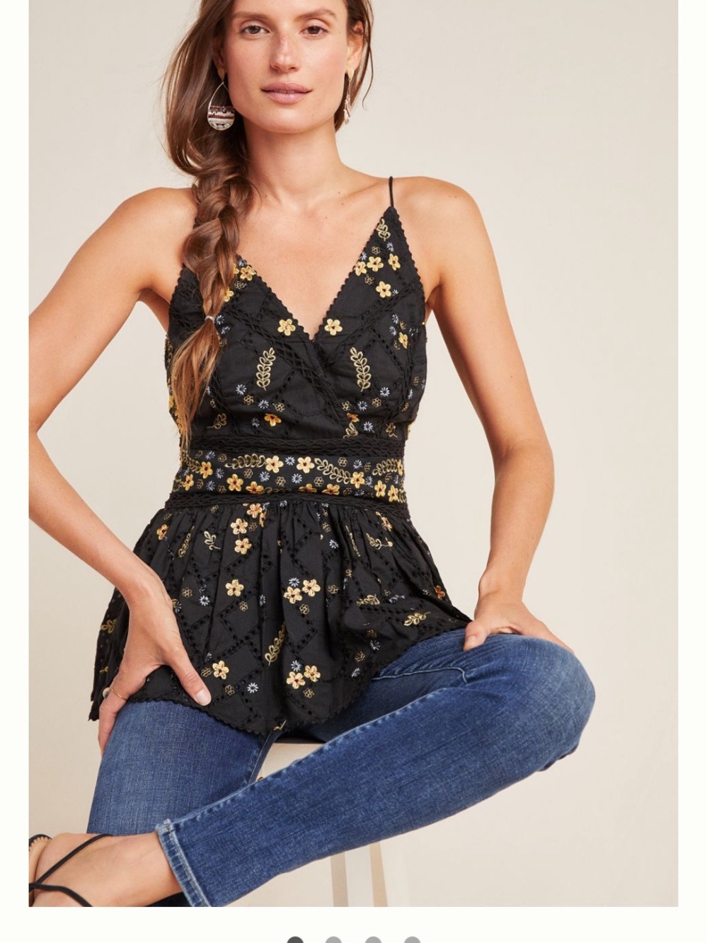 NWT Anthropologie Seneca Peplum Too by Bhanuni Black Floral Embroidered Small
